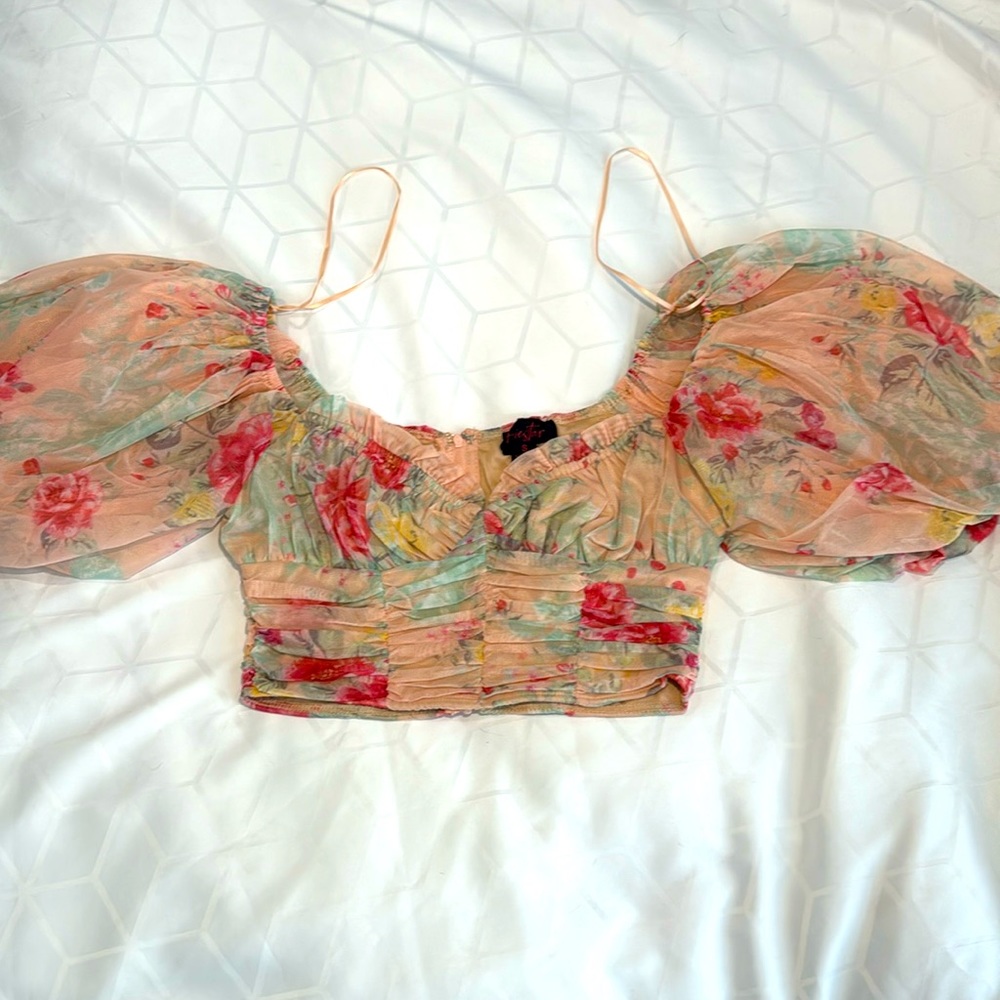 Fiesta Boho Floral Print Sweetheart Neck Short Puff Sleeve Crop Top Blouse